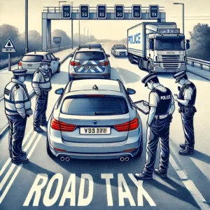 Harga Road Tax Kereta. Police officers inspecting a car's Road Tax and documents on the roadside, ensuring compliance with Malaysian Road Tax regulations