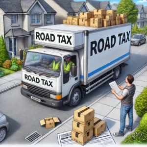Road Tax Delivery parked on a residential street, with a man checking a delivery sheet to deliver the road tax stickers