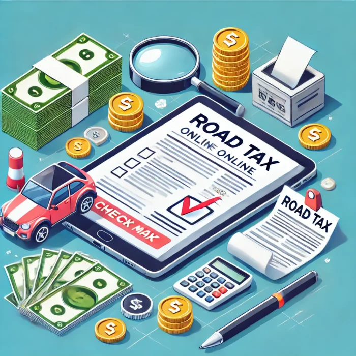 Image showing the process of checking road tax online. Features a tablet with a road tax form, a red car, stacks of money, coins, a magnifying glass, and a pen, all arranged neatly to represent online payment and financial management