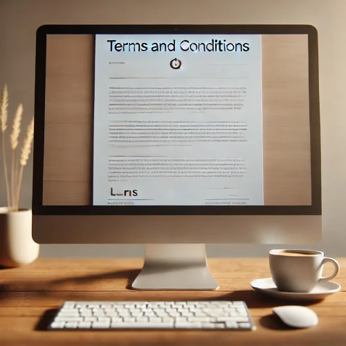 Image that features a computer screen displaying a "Terms and Conditions" document for road tax guru, accompanied by a coffee cup on a wooden desk