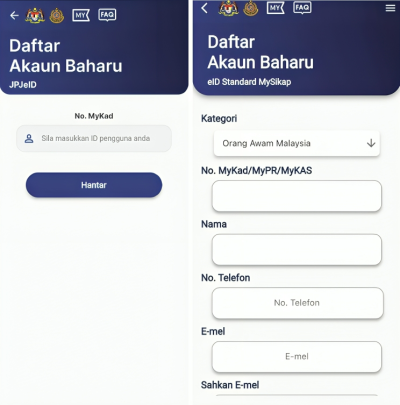 The registration process for creating a new account. The first screen prompts users to enter their MyKad ID and click the 'Hantar' button to proceed. The second screen displays a registration form where users must select their category (e.g., 'Orang Awam Malaysia'), and input their MyKad/MyPR/MyKAS number, name, phone number, email, and confirm the email address.