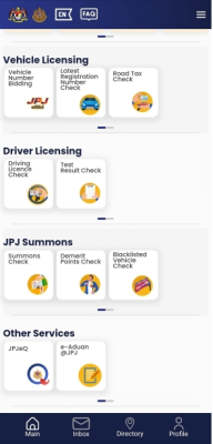 Various features and services including vehicle licensing, driver licensing, and JPJ summons checks. The images illustrate options like Vehicle Number Bidding, Road Tax Check, and Driving License Check, alongside user profile management tools such as updating profile