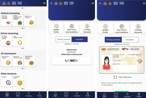 Various features and services including vehicle licensing, driver licensing, and JPJ summons checks. The images illustrate options like Vehicle Number Bidding, Road Tax Check, and Driving License Check, alongside user profile management tools such as updating profile