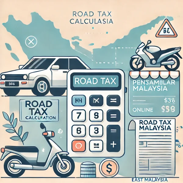 An infographic illustrating road tax calculation in Malaysia, featuring a car, motorcycle, a large calculator, and details about road tax costs and calculation methods
