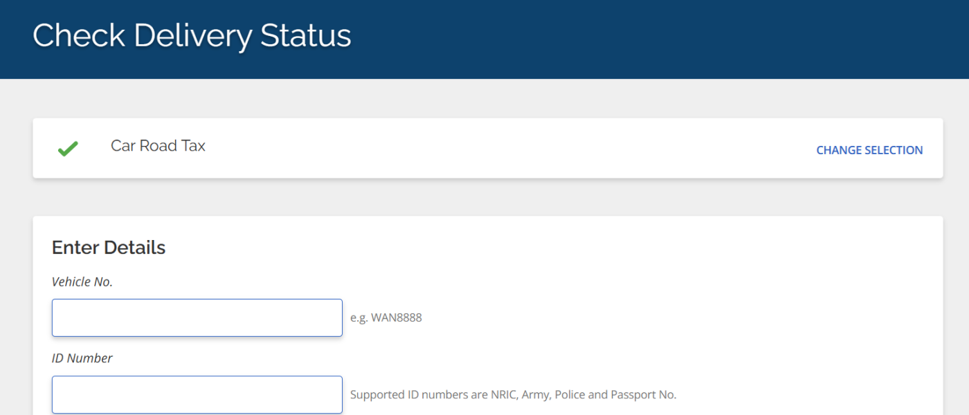 A webpage from myeg displaying the 'Check Delivery Status' form for Car Road Tax with fields to enter Vehicle Number and ID Number
