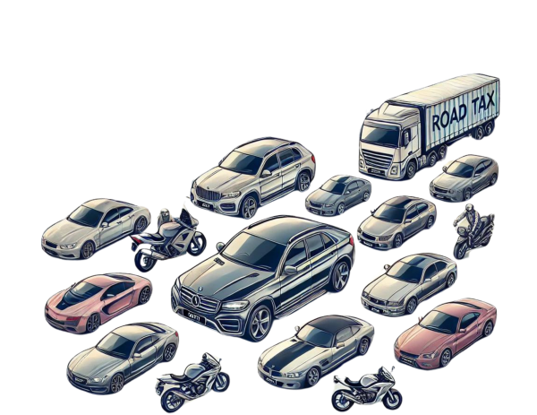 different vehicle types that impact road tax in Malaysia, including motorcycles, compact cars, sedans, SUVs, trucks, and luxury cars, with a modern Malaysian cityscape