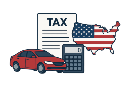 Tax document, calculators, and USA map with American flag representing vehicle tax calculation in the United States