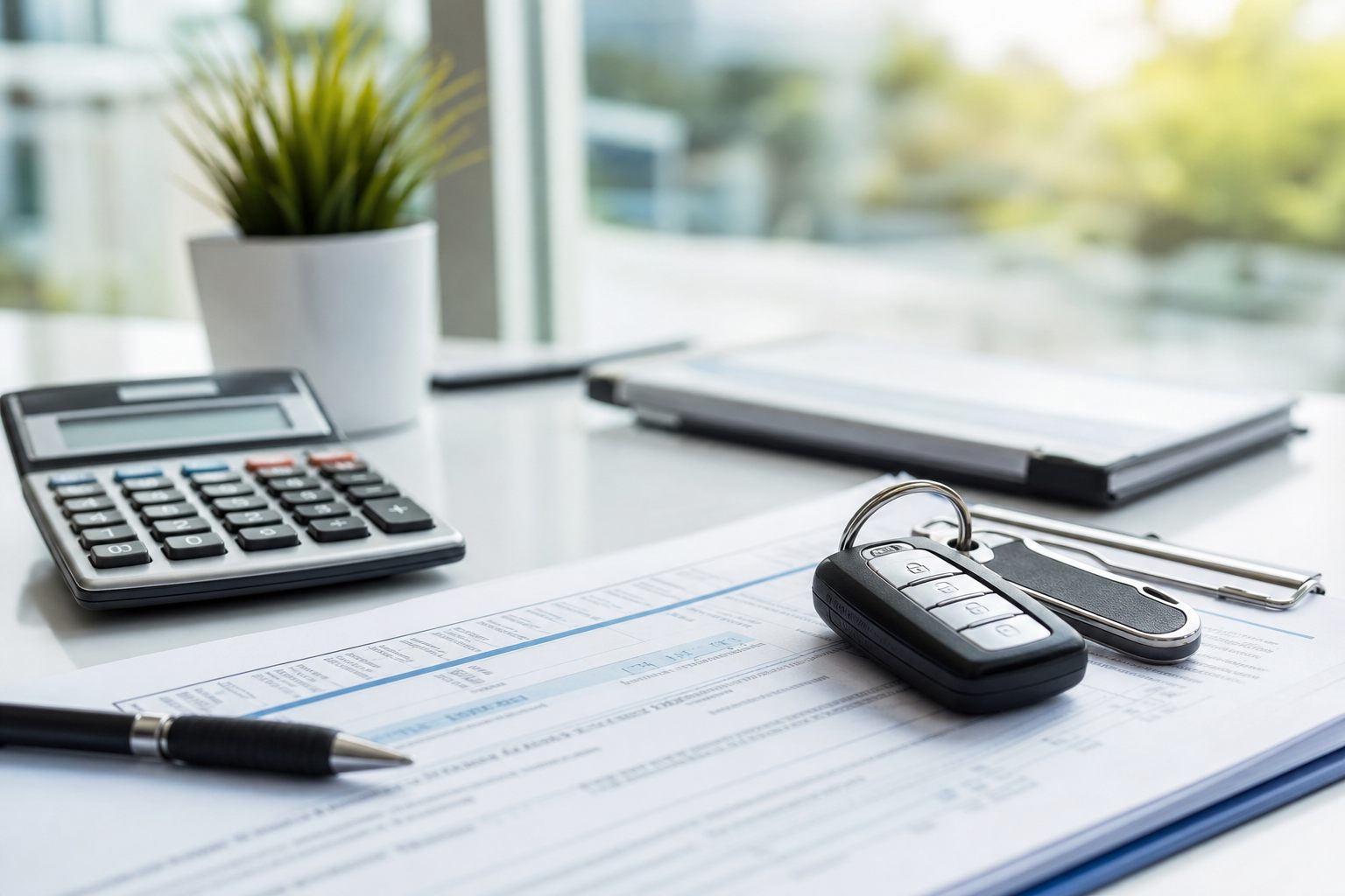 Car loan calculator - new car keys and financing paperwork