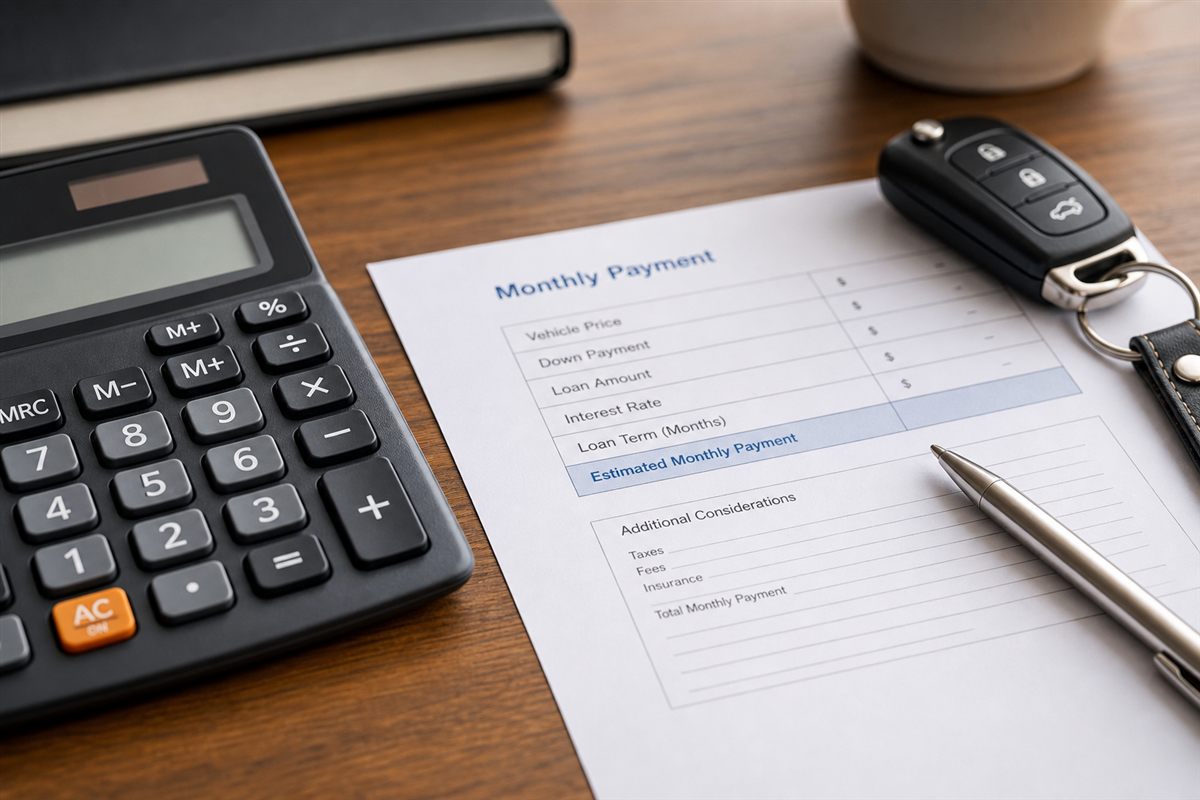 Calculator and monthly car loan payment worksheet on a desk