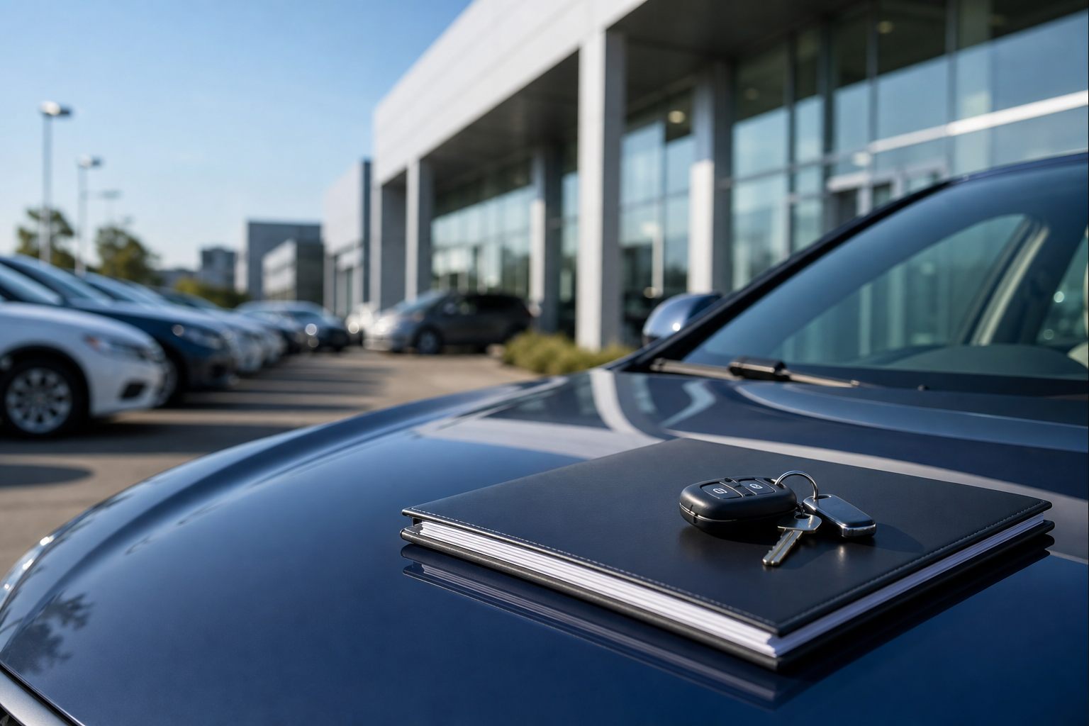 Car sales tax calculator - new car at dealership with purchase paperwork