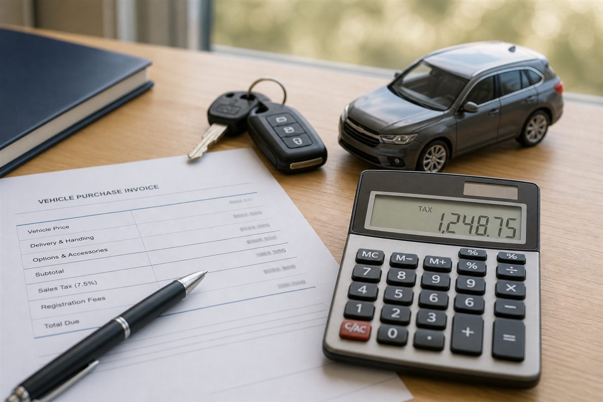 Vehicle purchase invoice, calculator, and car keys on a desk