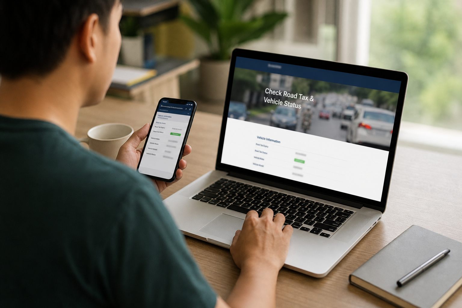 Check road tax online - laptop and phone for MyJPJ and MyEG status check