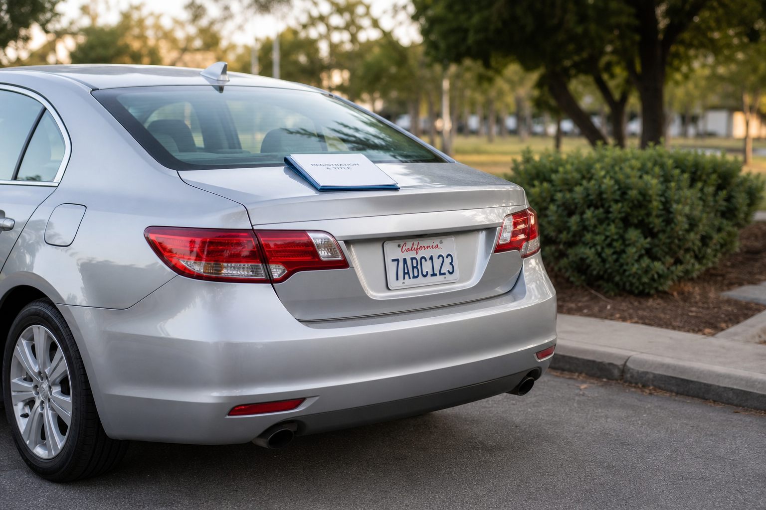 DMV fee calculator - car with license plate and registration documents