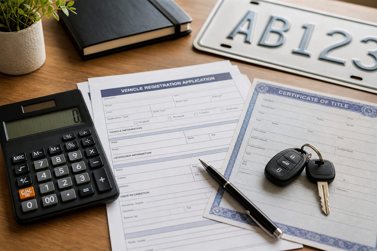 Vehicle registration forms, license plate, and calculator on a desk