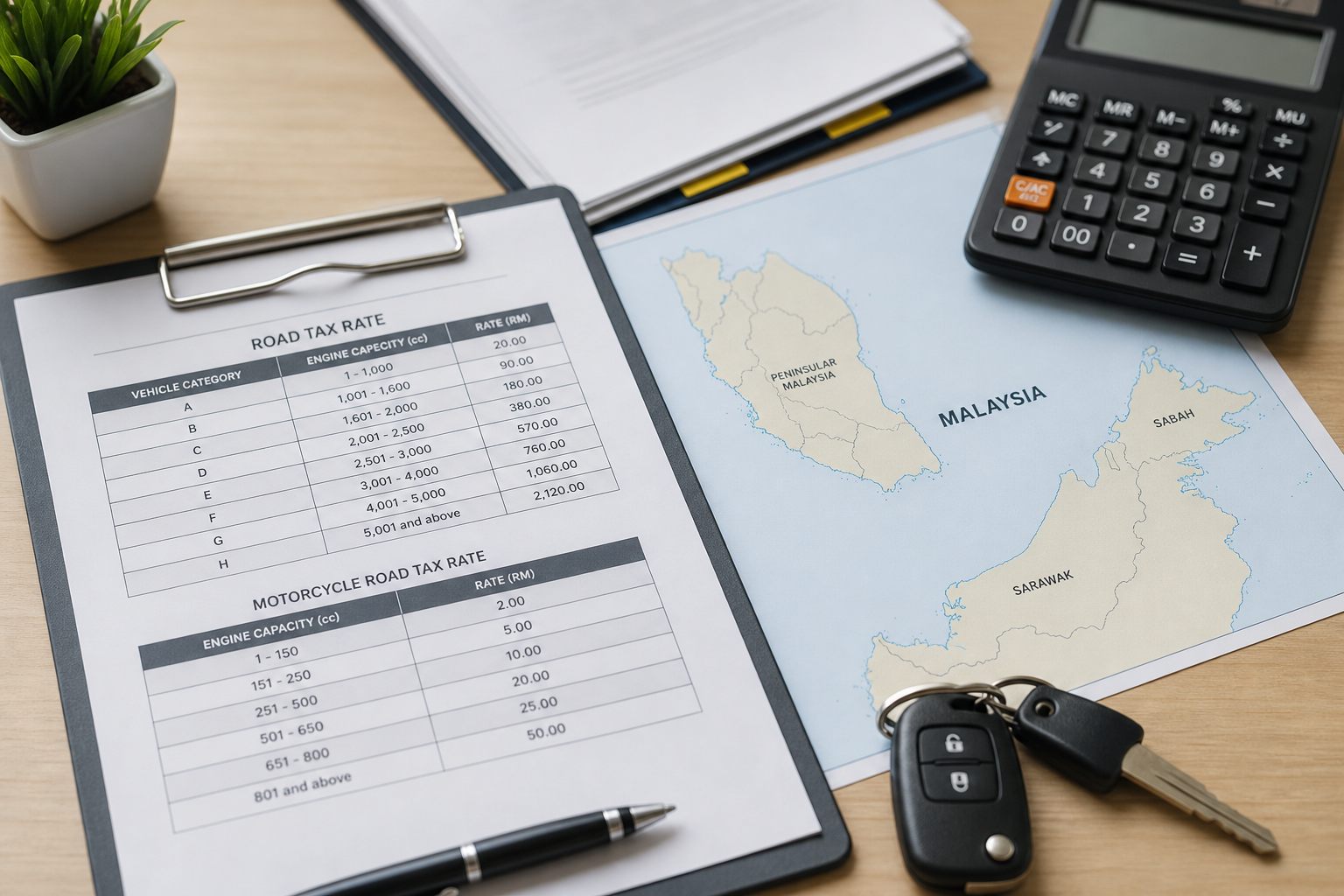Malaysia road tax price list - rate tables and regional map on a desk