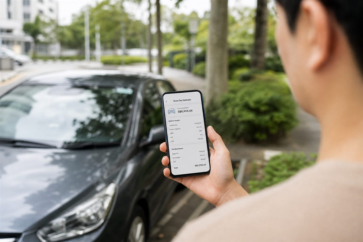 Driver checking Singapore road tax estimate on a phone beside a car