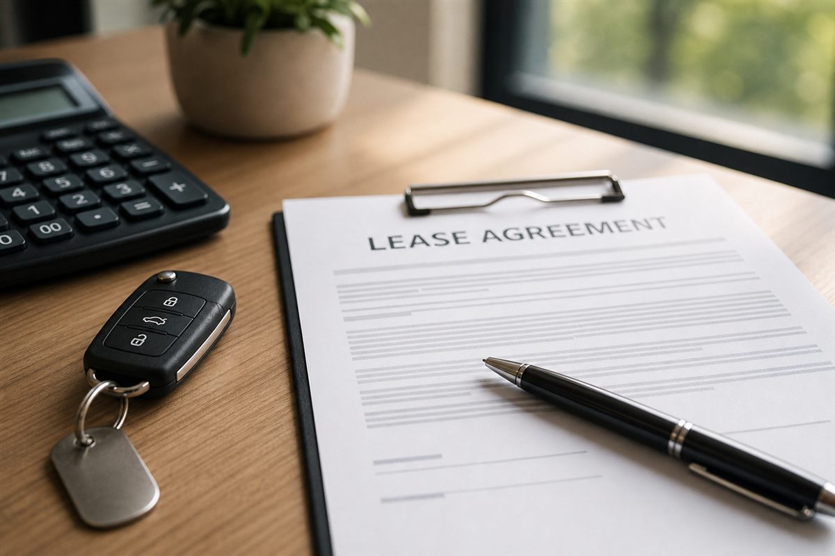 Lease agreement, calculator, and car key on a desk