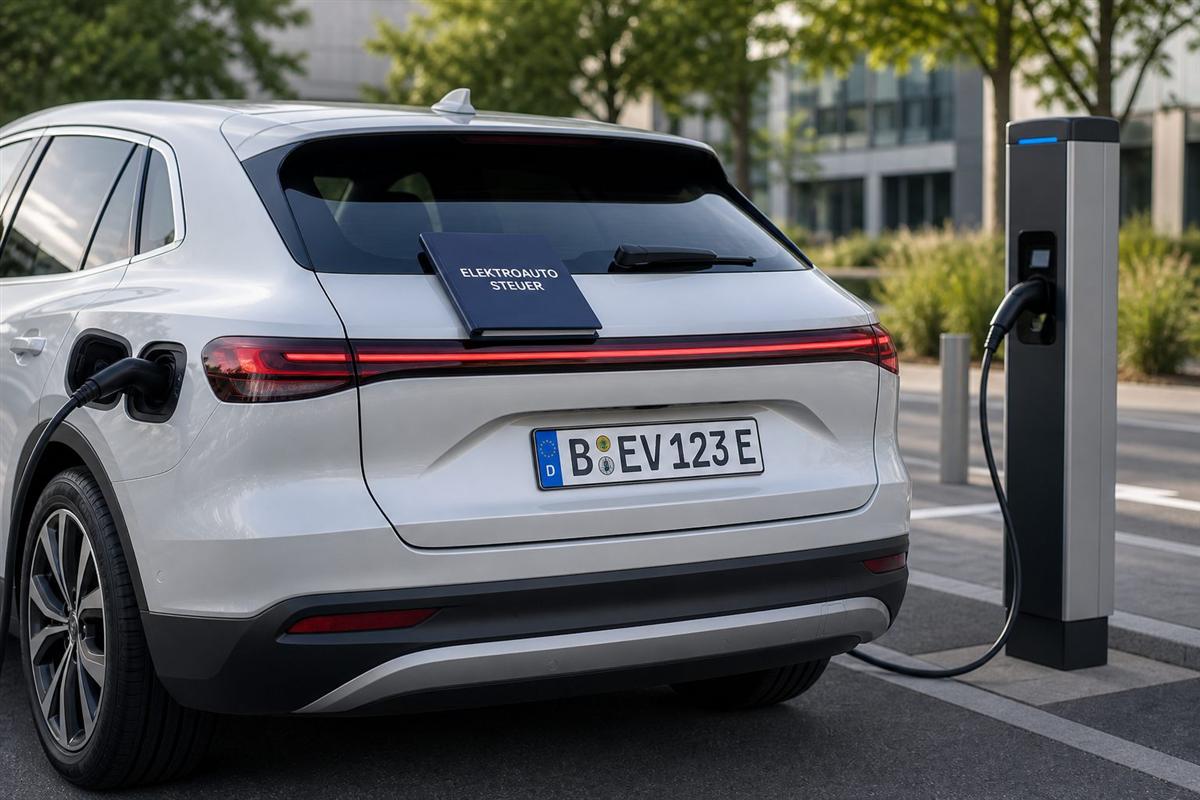 Elektroauto-Steuer Rechner - Elektrofahrzeug an Ladestation mit Steuerdokumenten