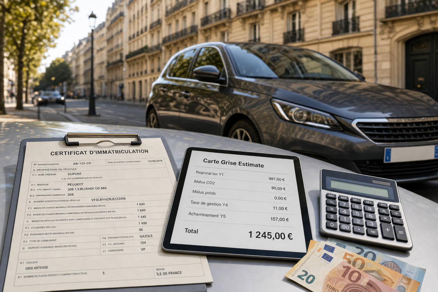 France car tax calculator — carte grise and malus écologique by region