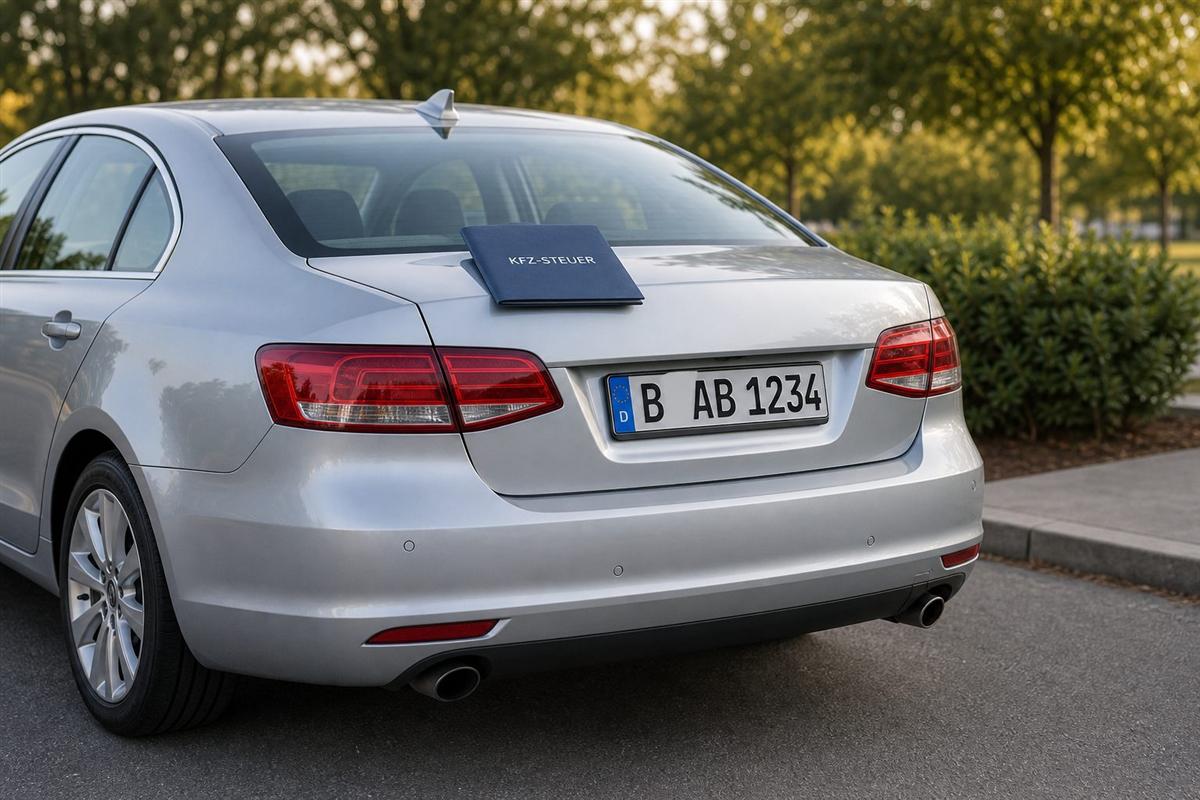 KFZ-Steuer Rechner - deutsches Auto mit Kennzeichen und Steuerunterlagen