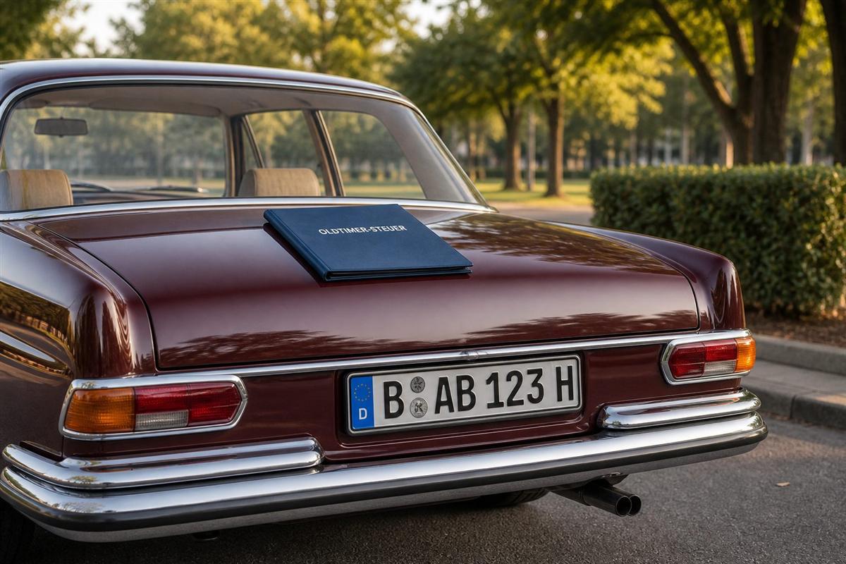 Oldtimer-Steuer Rechner - klassisches Auto mit H-Kennzeichen und Zulassungsunterlagen