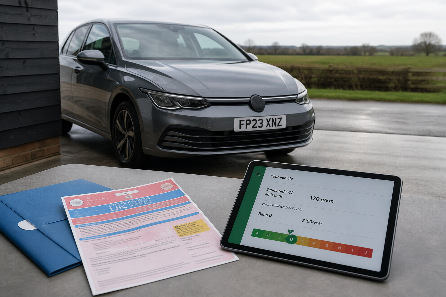 UK road tax calculator — Vehicle Excise Duty estimate with CO2 bands and car registration documents