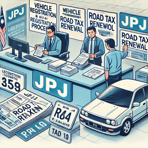 Malaysian vehicle registration and road tax process at a JPJ office. Vehicle Licensing Fee