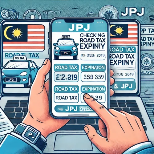 Checking road tax expiry in Malaysia through JPJ, designed to reflect the digital process.