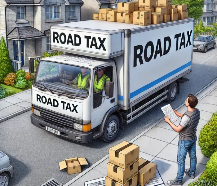 Road Tax Delivery parked on a residential street, with a man checking a delivery sheet to deliver the road tax stickers