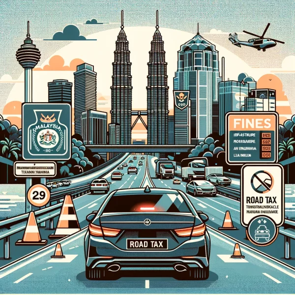 Car number plate displaying Road Tax and driving on a highway in Malaysia, with prominent road signs displaying tax and fine information, and the iconic Petronas Towers and other city skyscrapers